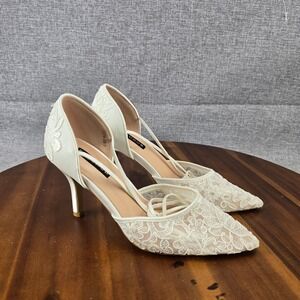 ERIJUNOR White Lace Pointed Toe Heels Bridal Wedding Shoes Women US Size 7